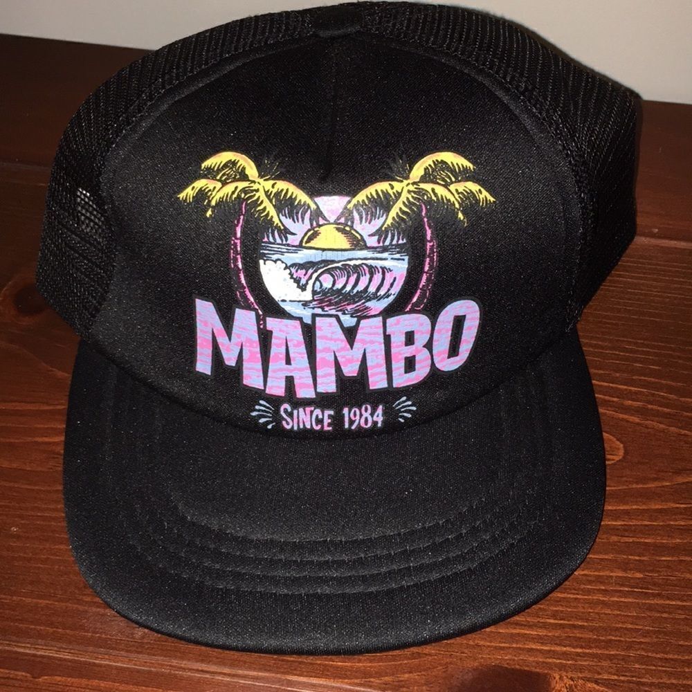 Vtg New Mambo surfer Black palm tree australia Trucker Foam retro SnapBack cap